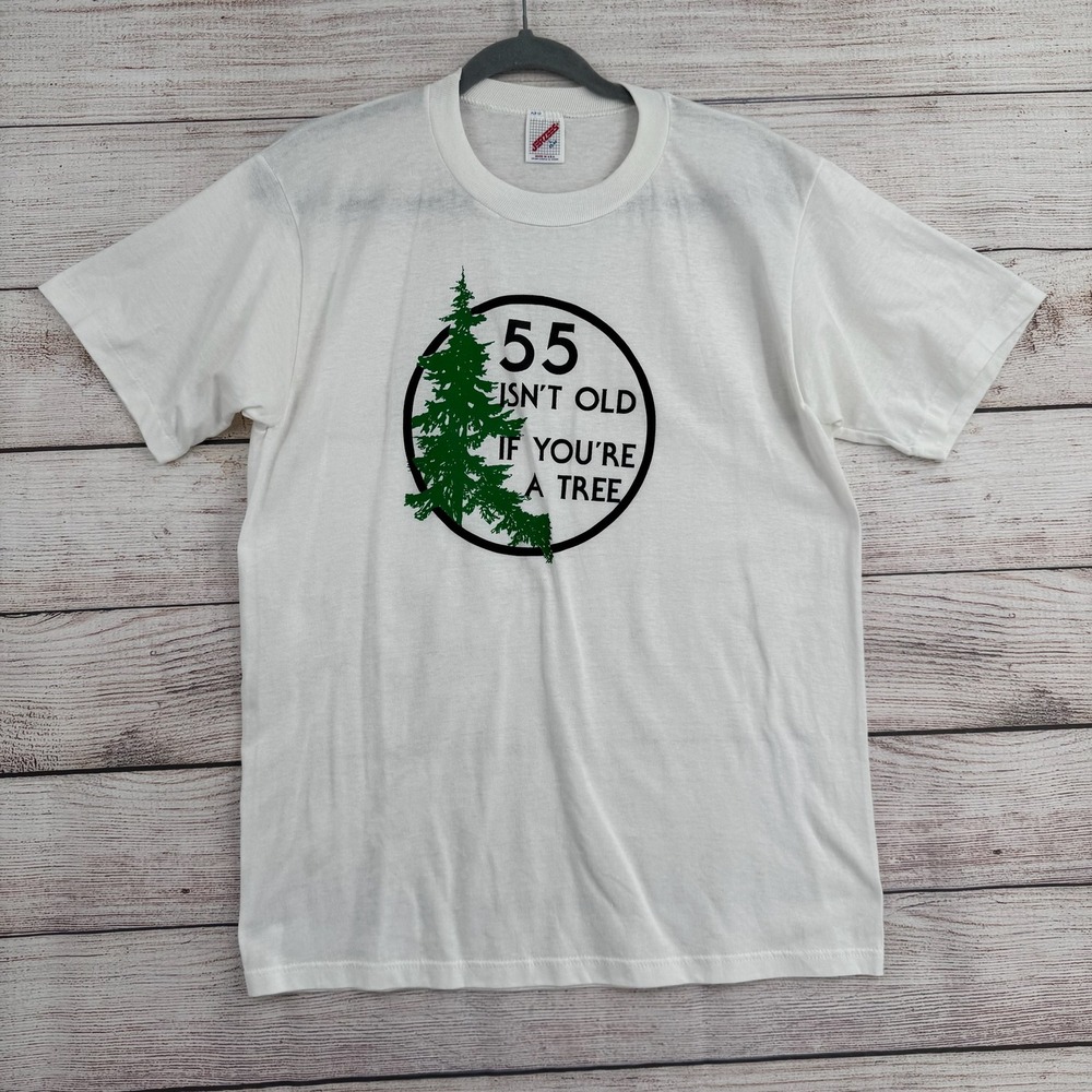 Vintage Jerzees Graphic T-Shirt Mens Large White 55 Isnt Old If Youre A Tree Tee